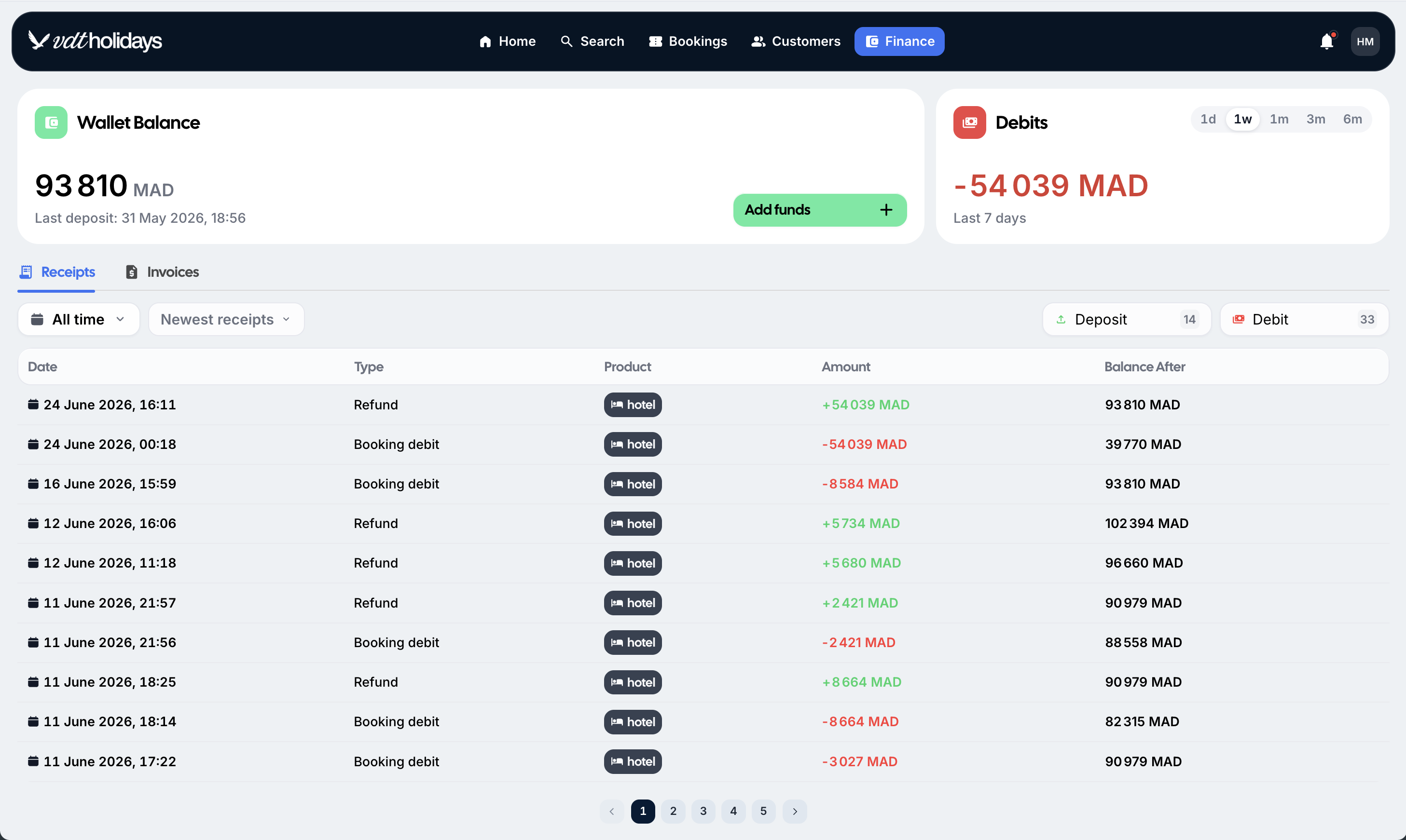Vdt Holidays finance screen with wallet balance, debit metric, receipt filters, and transaction table.