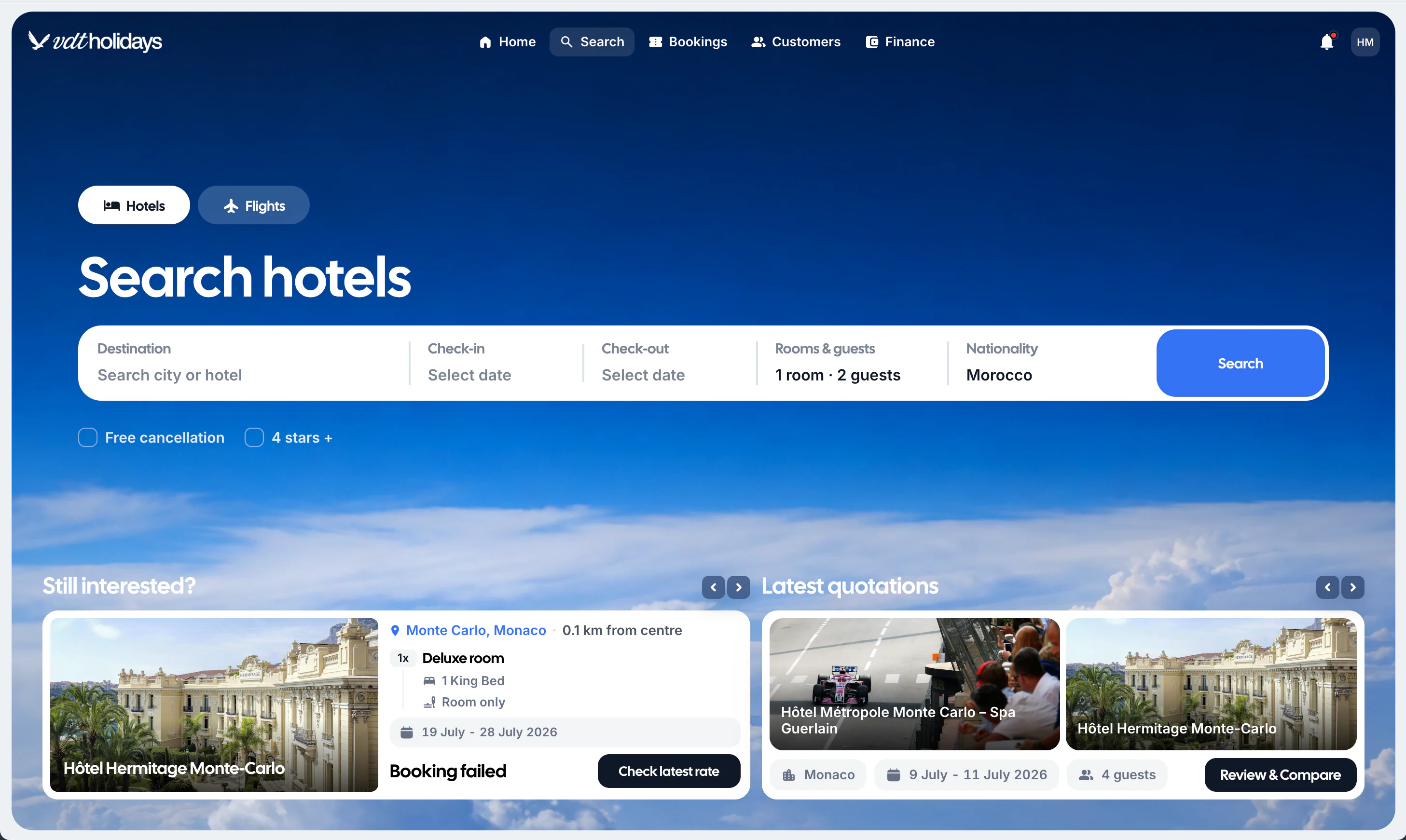 Vdt Holidays hotel search screen with destination fields and latest quotations.